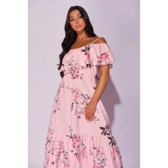 Pink Floral Print Cold Shoulder Short Sleeve Frill Detail Long Maxi Dress - Picture 4 of 11